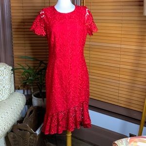 Dress, Eliza J, Red cotton lace pattern flower overlay ,Size 10